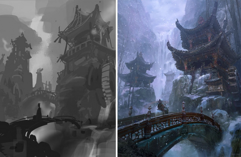 Sketch vs. Final: the artists show their work at the stage of sketch and finished