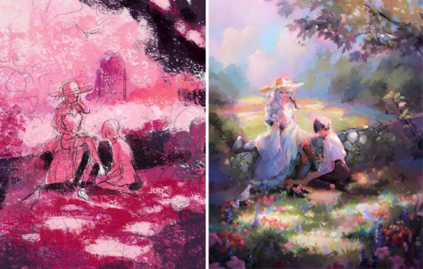 Sketch vs. Final: the artists show their work at the stage of sketch and finished