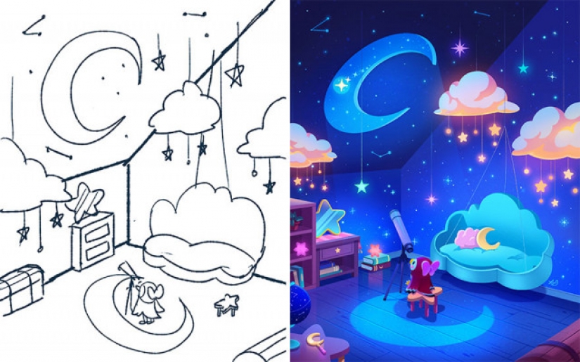 Sketch vs. Final: the artists show their work at the stage of sketch and finished