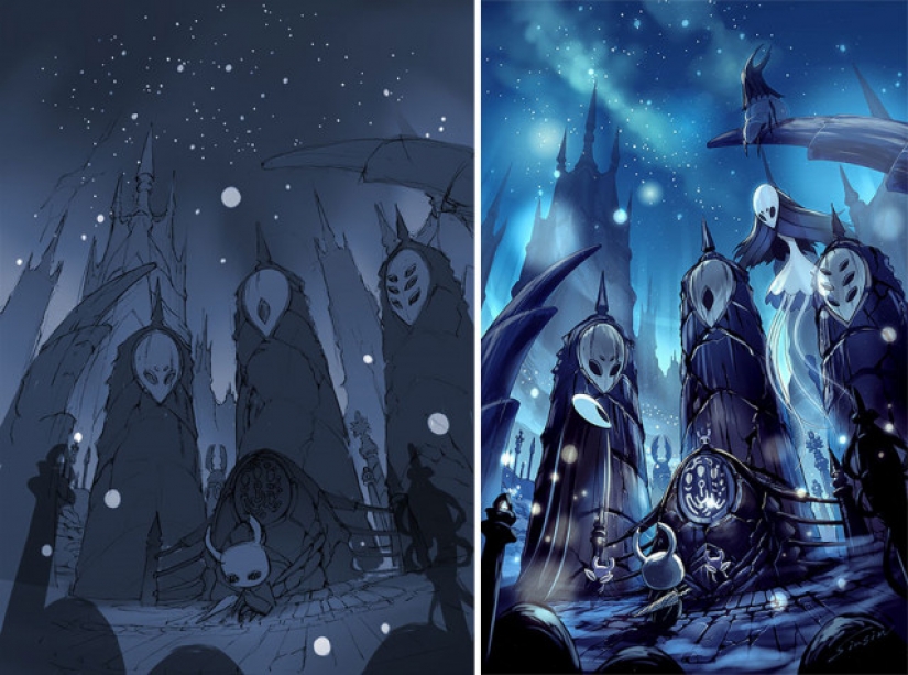 Sketch vs. Final: the artists show their work at the stage of sketch and finished