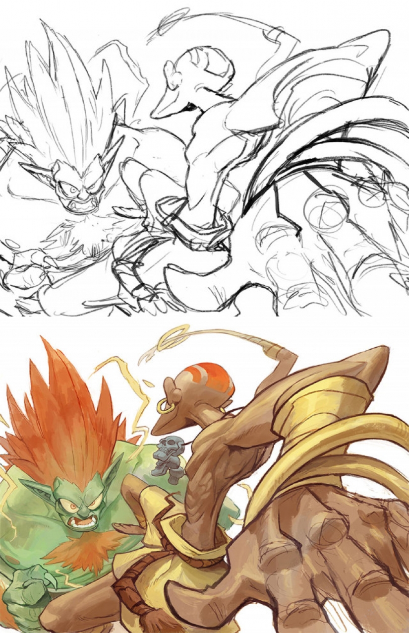 Sketch vs. Final: the artists show their work at the stage of sketch and finished