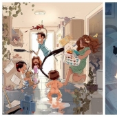 The artist documents the idyllic moments of life with his wife and children