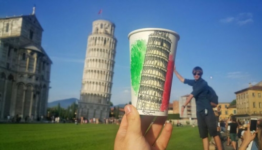 The artist travels the world and uses paper cups as canvas