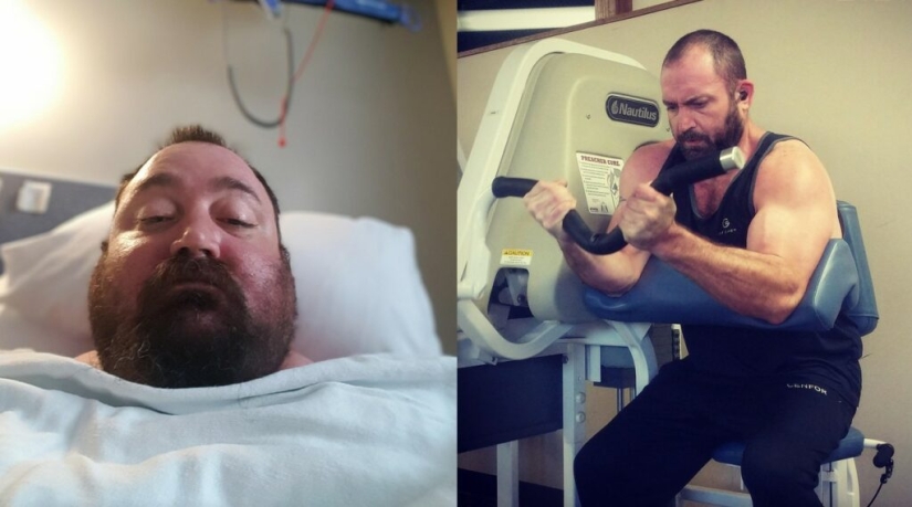 The man so let himself down that he almost died, but diet and sports saved him and made him handsome