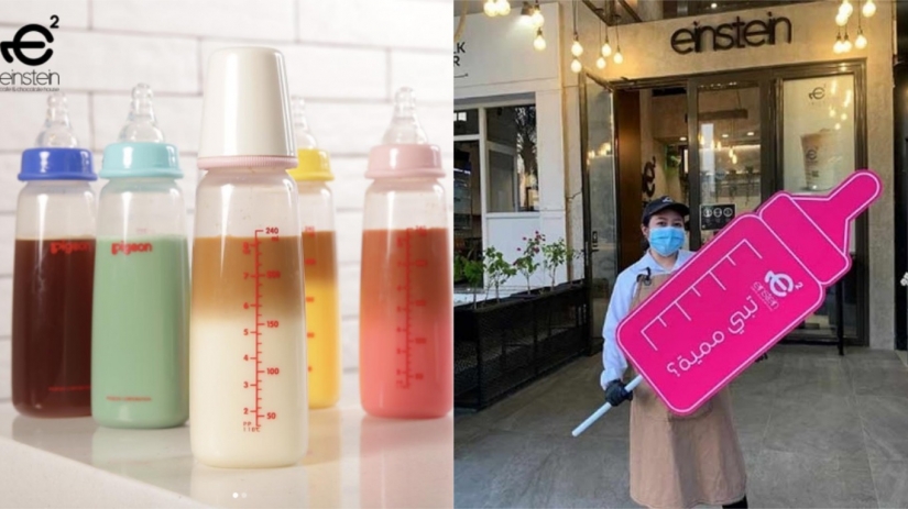 The taste of childhood: the café in the middle East serves drinks in bottles with nipples The taste of childhood: the café in the middle East serves drinks in bottles with nipples