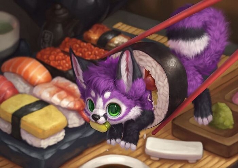 This artist has no pets, so he puts digital furry animals in real life situations.