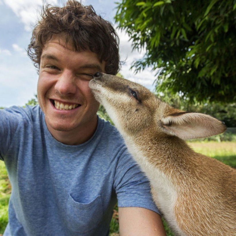 This man has mastered the art of selfies with animals to perfection.