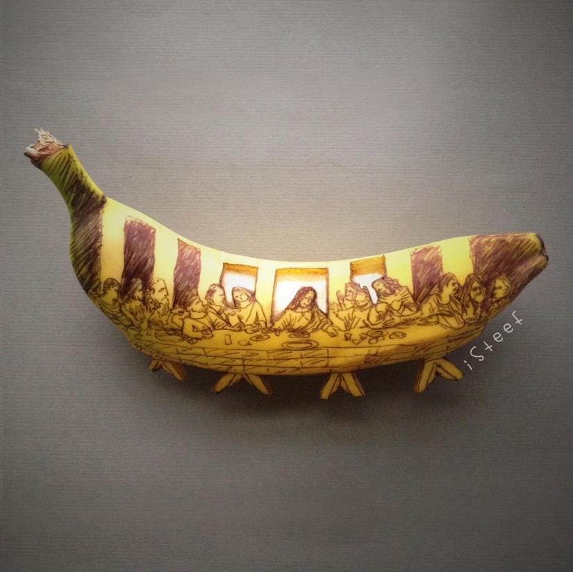 To spite the marble: the sculptor cuts off the excess from bananas