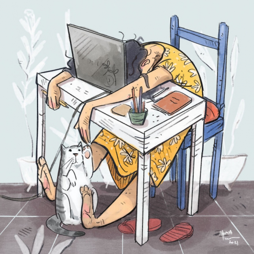 Vida en cuarentena con un gato en ilustraciones de la artista india Annada Menon