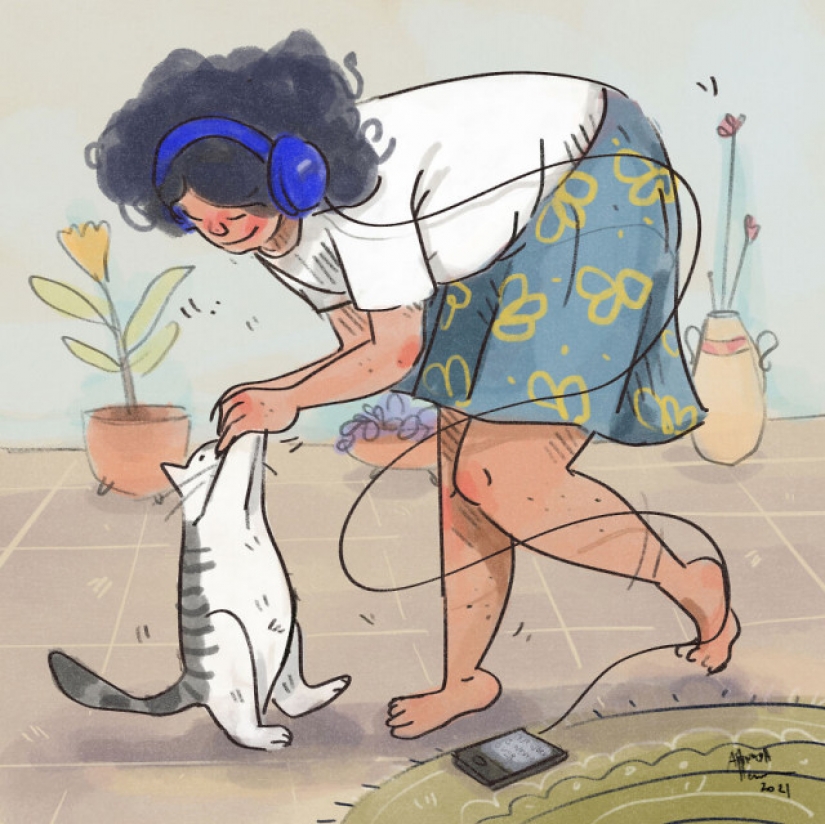 Vida en cuarentena con un gato en ilustraciones de la artista india Annada Menon