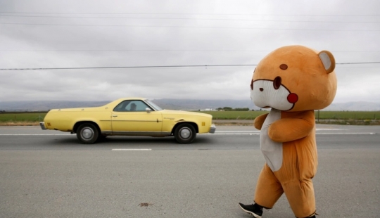 Walking bear: the guy walked 770 km from Los Angeles to San Francisco Walking bear: the guy walked 770 km from Los Angeles to San Francisco