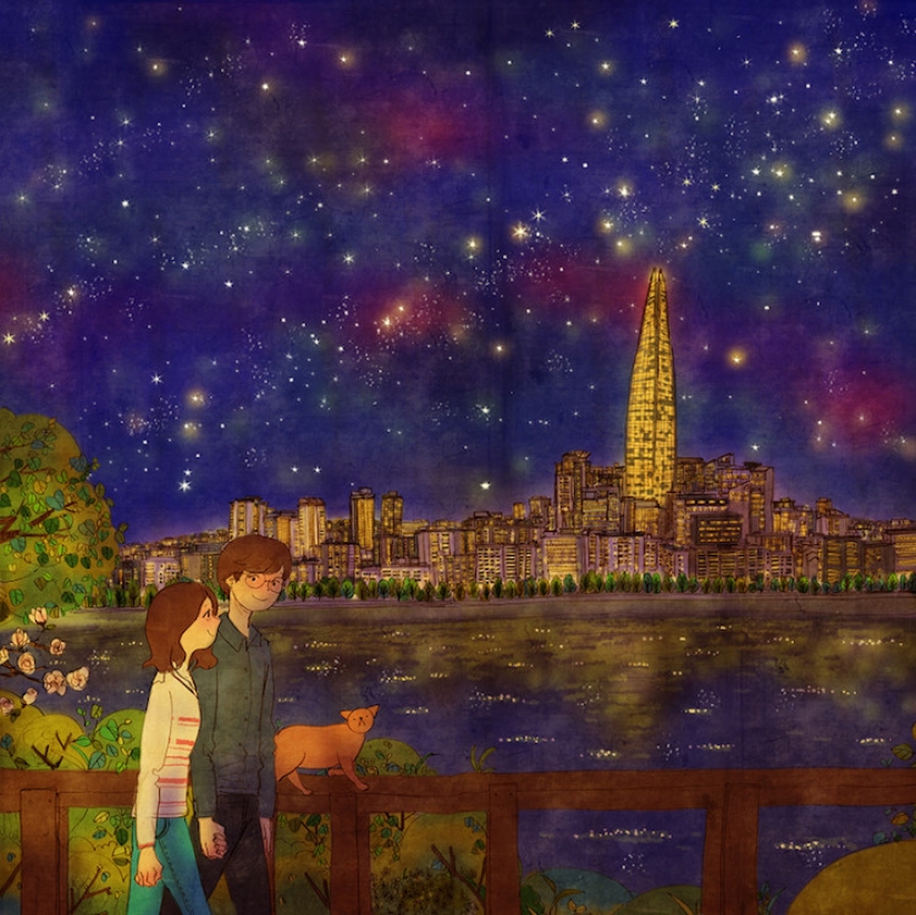 Warm watercolor illustrations about love from a South Korean artist