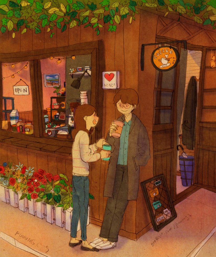 Warm watercolor illustrations about love from a South Korean artist