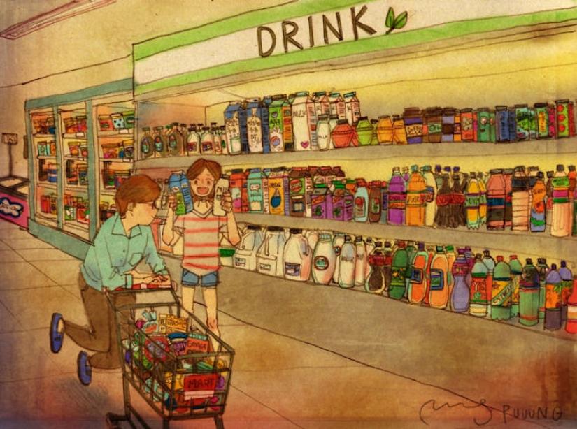 Warm watercolor illustrations about love from a South Korean artist