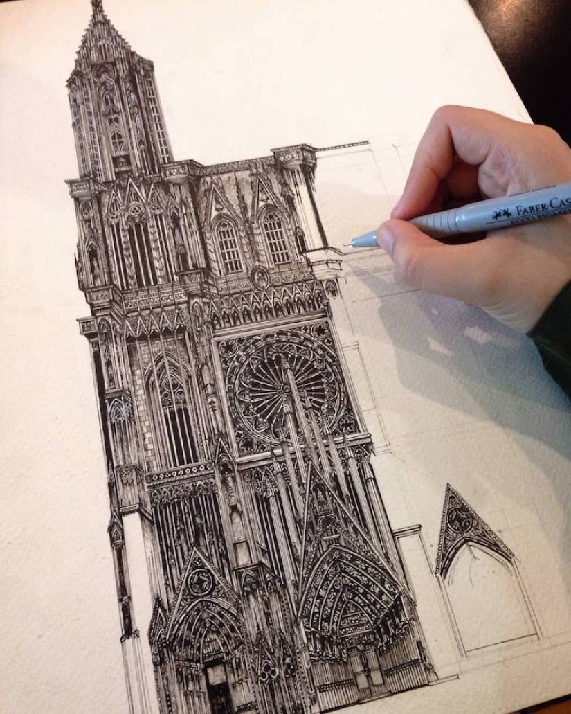 A charming girl from Japan draws architecture, and it's - wow!