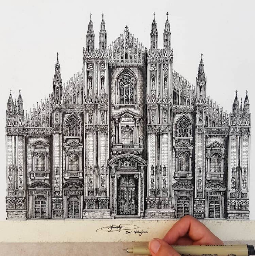 A charming girl from Japan draws architecture, and it's - wow!