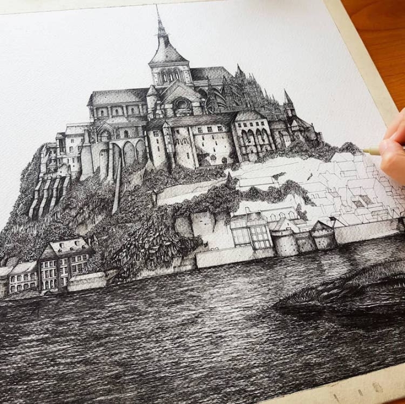 A charming girl from Japan draws architecture, and it's - wow!