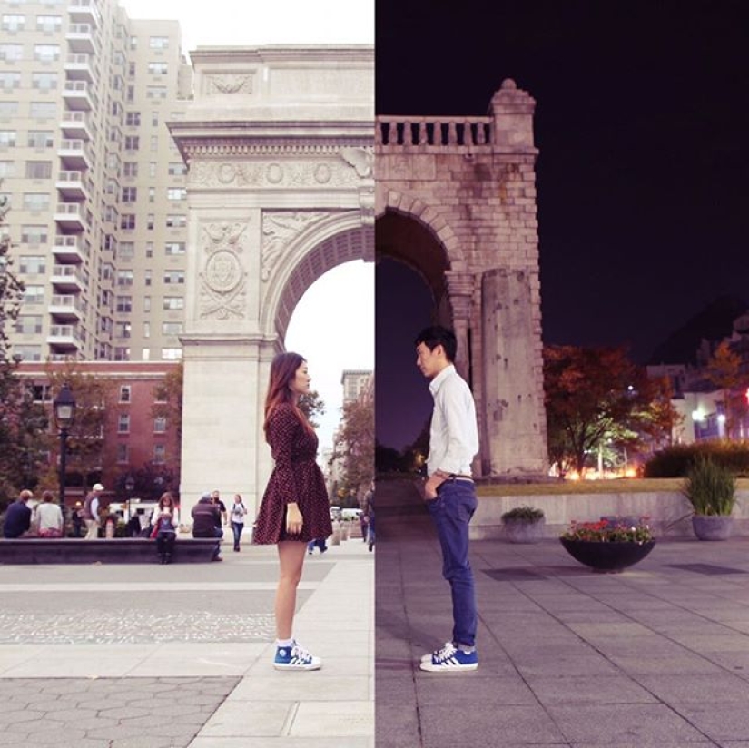A couple in a long-distance relationship creates cool pictures where they are together