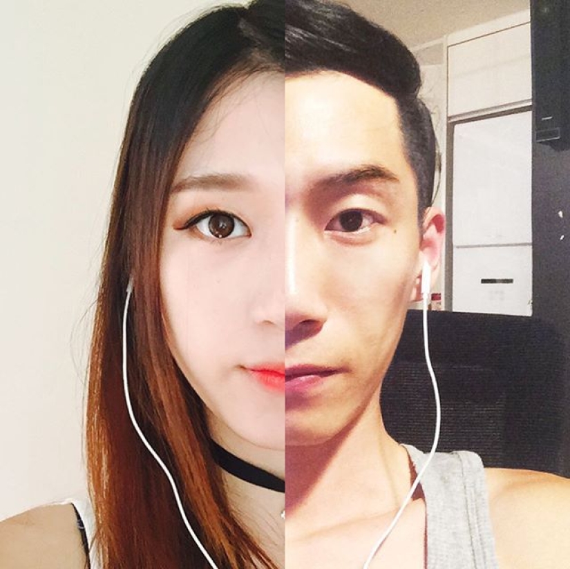 A couple in a long-distance relationship creates cool pictures where they are together