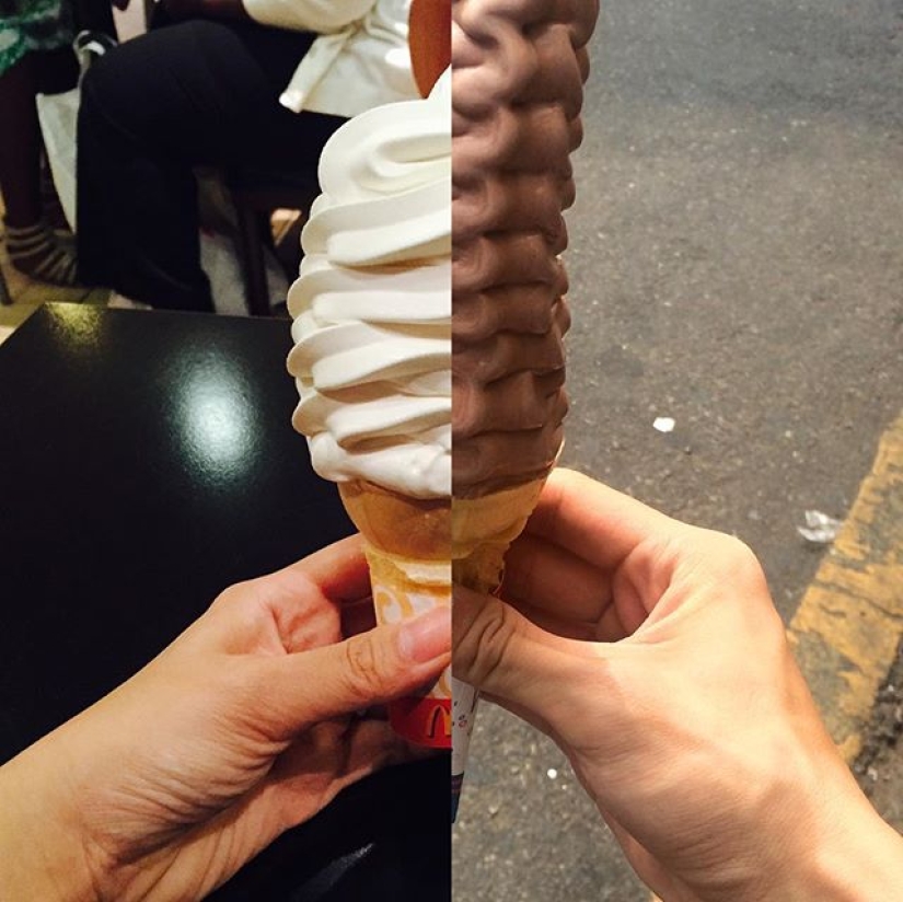 A couple in a long-distance relationship creates cool pictures where they are together