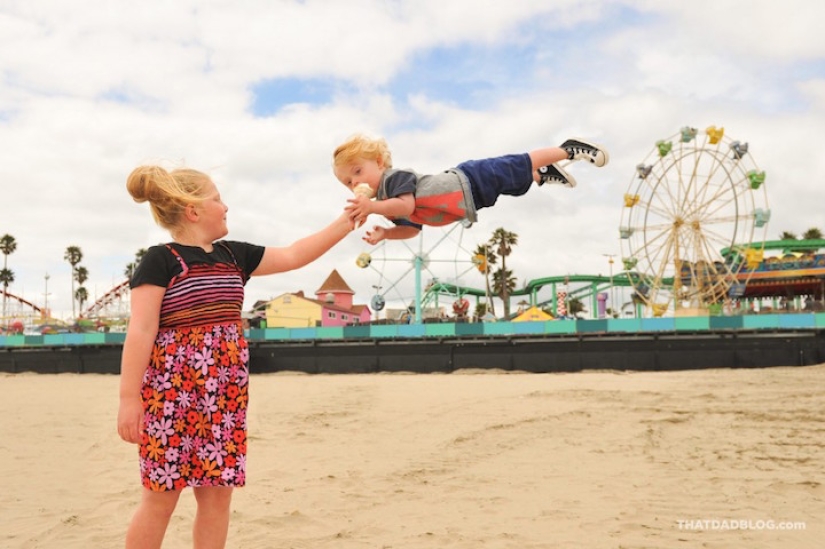A loving father helps his "sunny" son to fly