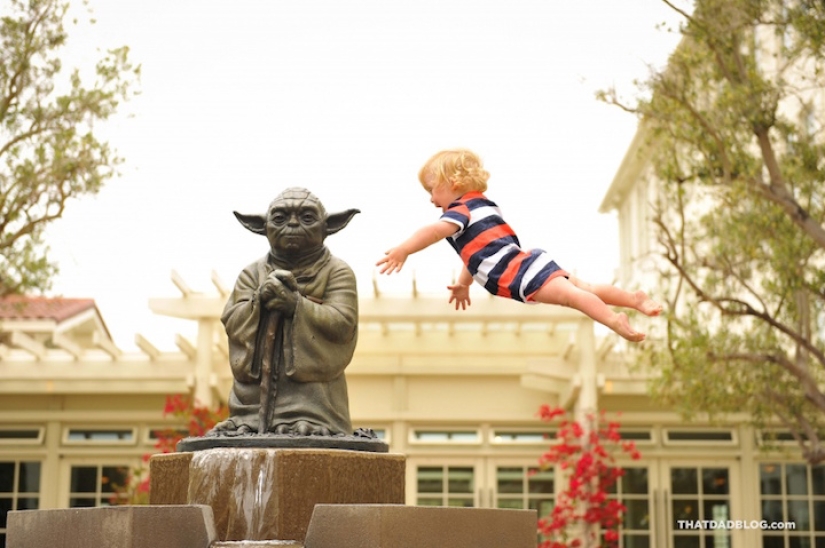 A loving father helps his "sunny" son to fly