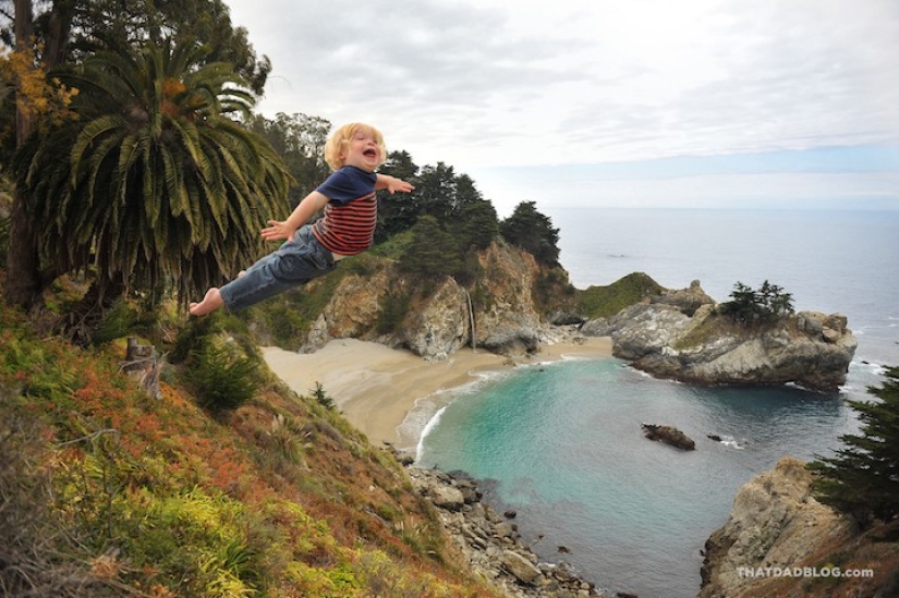 A loving father helps his "sunny" son to fly