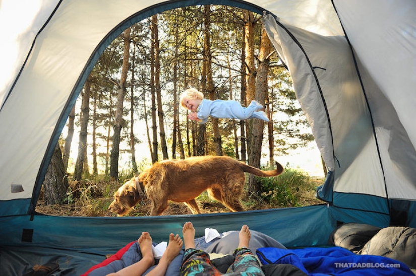 A loving father helps his "sunny" son to fly