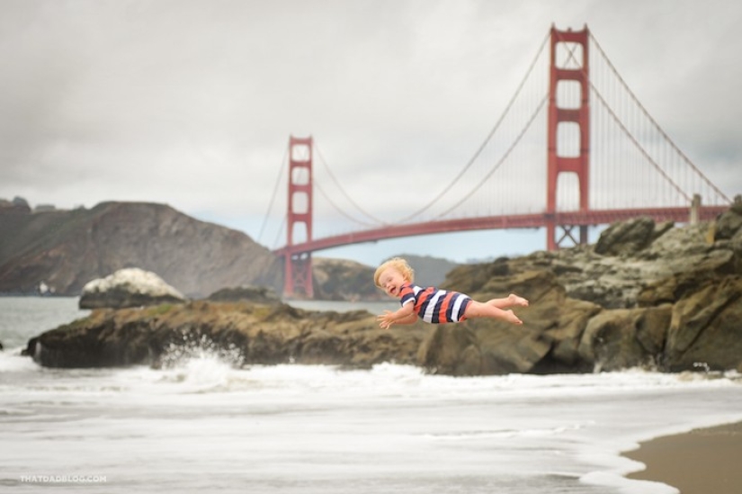 A loving father helps his "sunny" son to fly