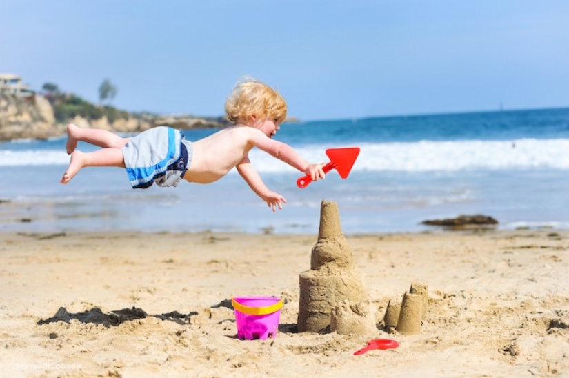 A loving father helps his "sunny" son to fly