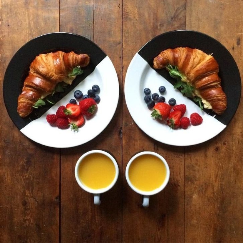 A man makes symmetrical breakfasts for his beloved every day
