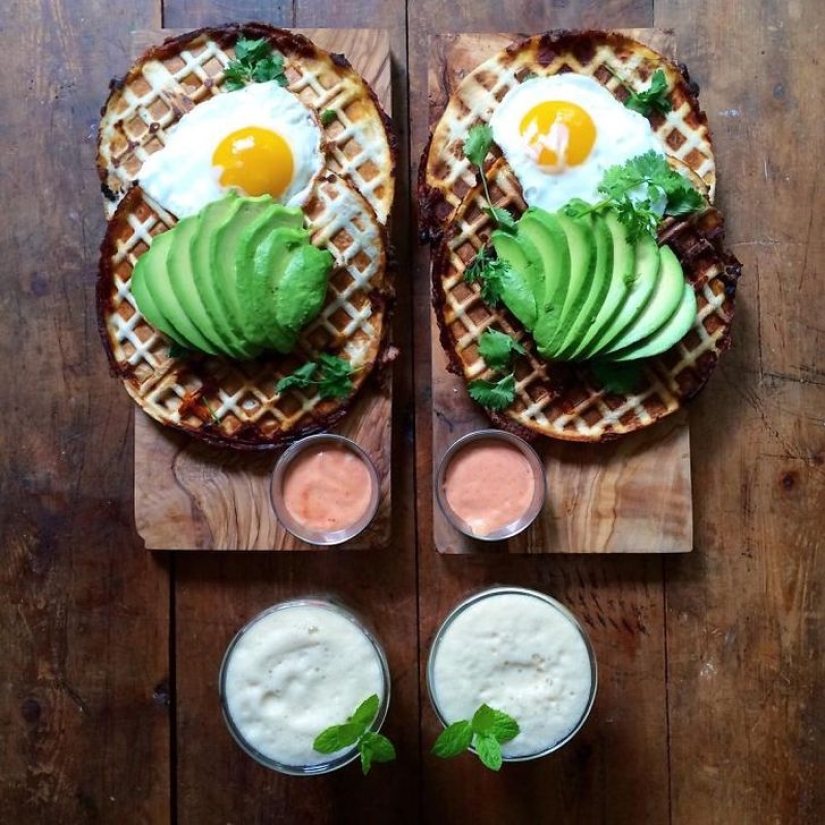 A man makes symmetrical breakfasts for his beloved every day