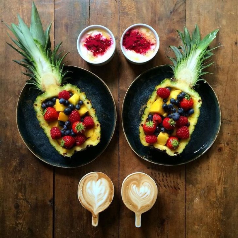 A man makes symmetrical breakfasts for his beloved every day