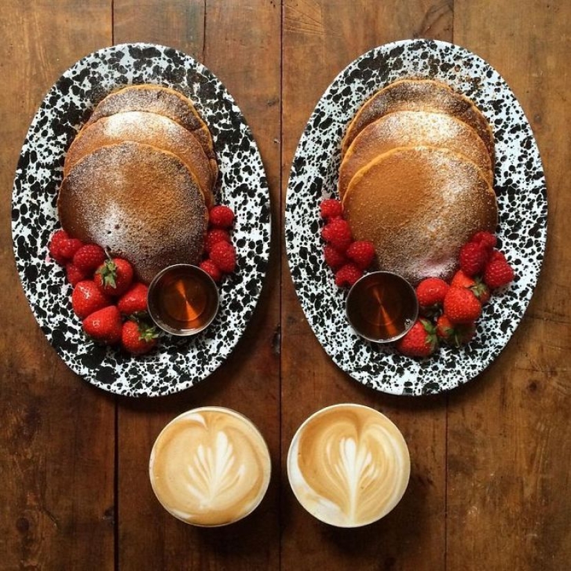 A man makes symmetrical breakfasts for his beloved every day