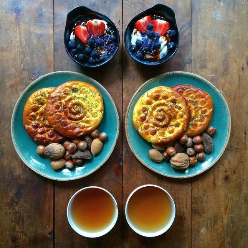A man makes symmetrical breakfasts for his beloved every day