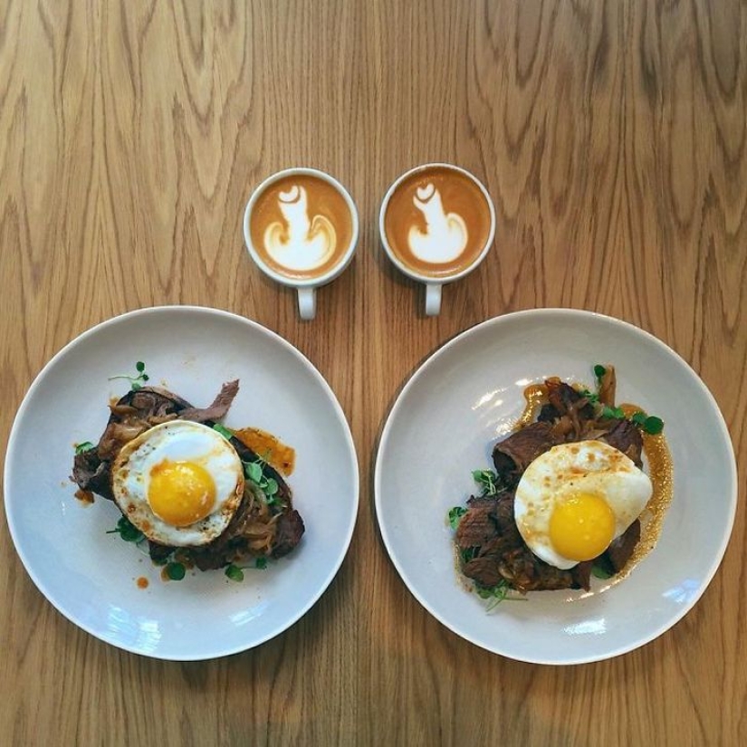 A man makes symmetrical breakfasts for his beloved every day