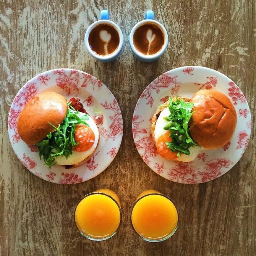 A man makes symmetrical breakfasts for his beloved every day