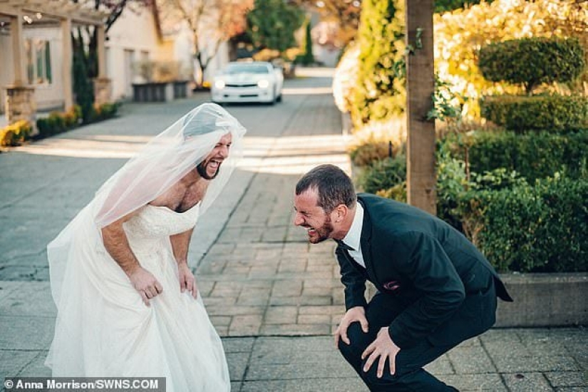 A recipe for a successful wedding: a bearded "bride" sneaked up on the groom