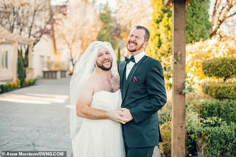A recipe for a successful wedding: a bearded "bride" sneaked up on the groom