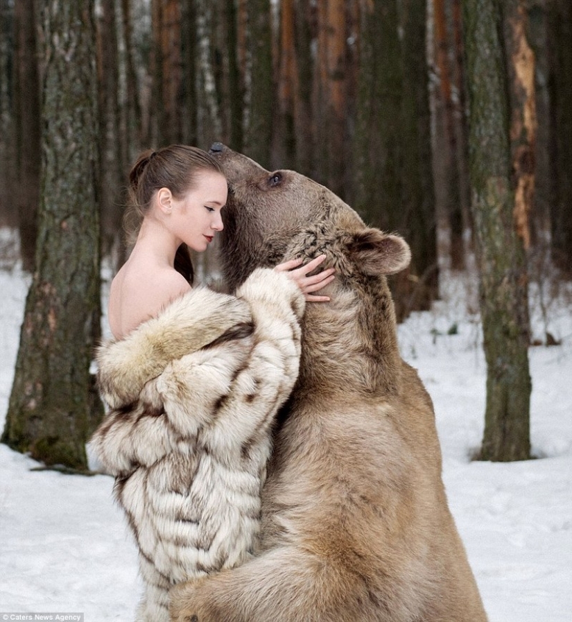 A snowy photo shoot of two models from Russia in an embrace with a bear shocked Europe