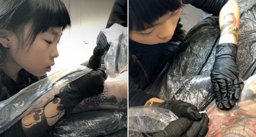 Apple from the apple tree: A 10-year-old Japanese woman gets a tattoo, following in her father's footsteps
