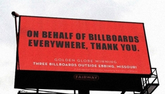 Billboard producers thanked the creators of the film "Three Billboards on the border of Ebbing, Missouri" Billboard producers thanked the creators of the film "Three Billboards on the border of Ebbing, Missouri"