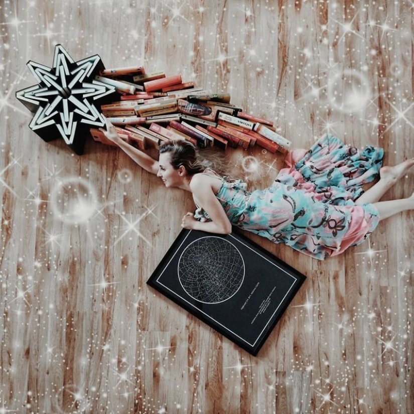 Books as art: a girl puts out colorful installations from her library Books as art: a girl puts out colorful installations from her library