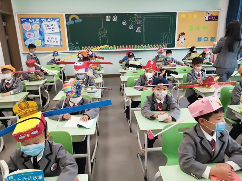 Chinese Kids Go to School wearing Funny Hats for Social Distancing Chinese Kids Go to School wearing Funny Hats for Social Distancing