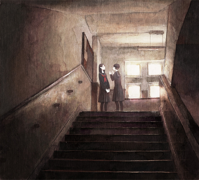 Colegialas y arte de anime melancólico y soñoliento