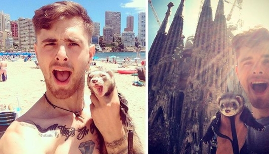 Después de la trágica muerte de sus seres queridos, el tipo vendió todo para viajar por el mundo con un hurón