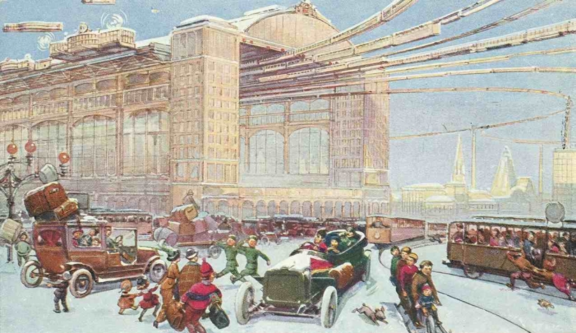 "Downers are sneaking around on air slides": Moscow of the XXII-XXIII centuries on postcards of 1914