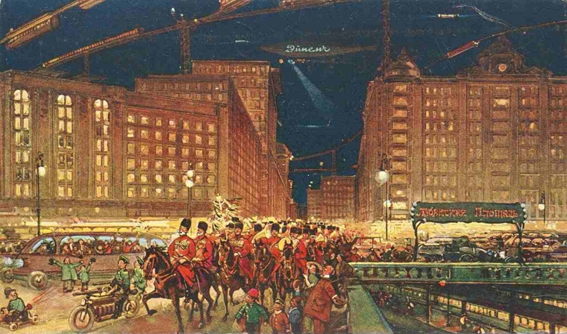 "Downers are sneaking around on air slides": Moscow of the XXII-XXIII centuries on postcards of 1914