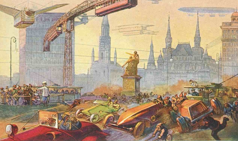 "Downers are sneaking around on air slides": Moscow of the XXII-XXIII centuries on postcards of 1914