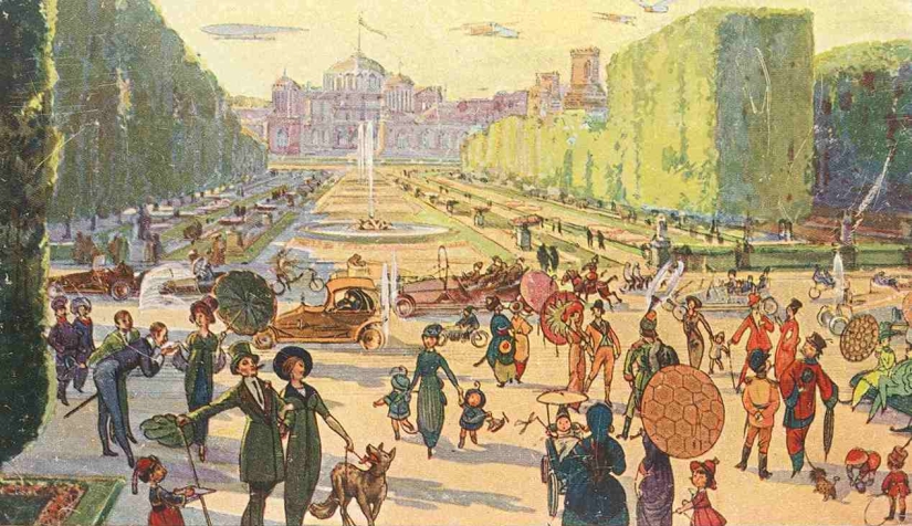 "Downers are sneaking around on air slides": Moscow of the XXII-XXIII centuries on postcards of 1914